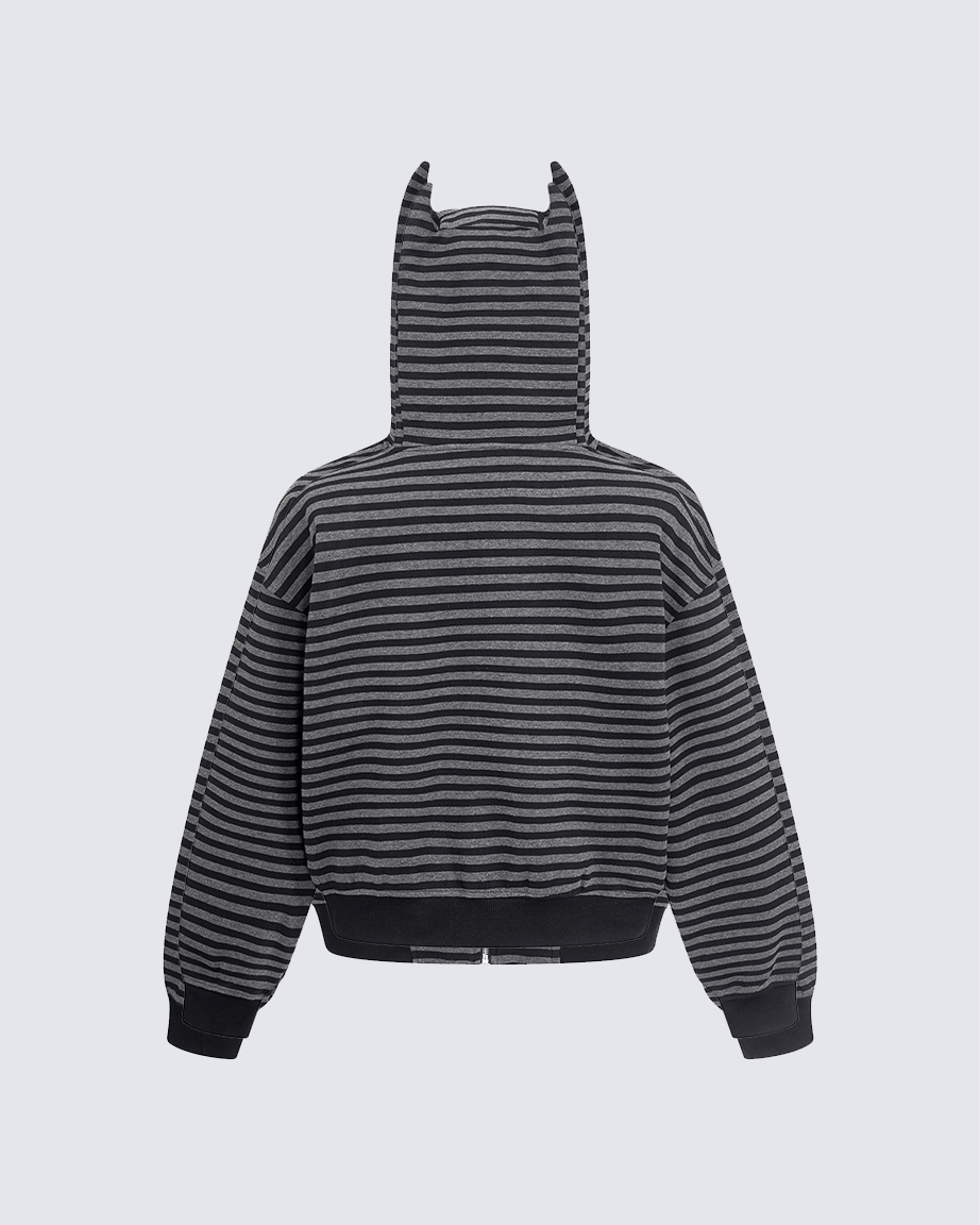 Devil-Horn Striped Hooded Jacket | KIIKIO