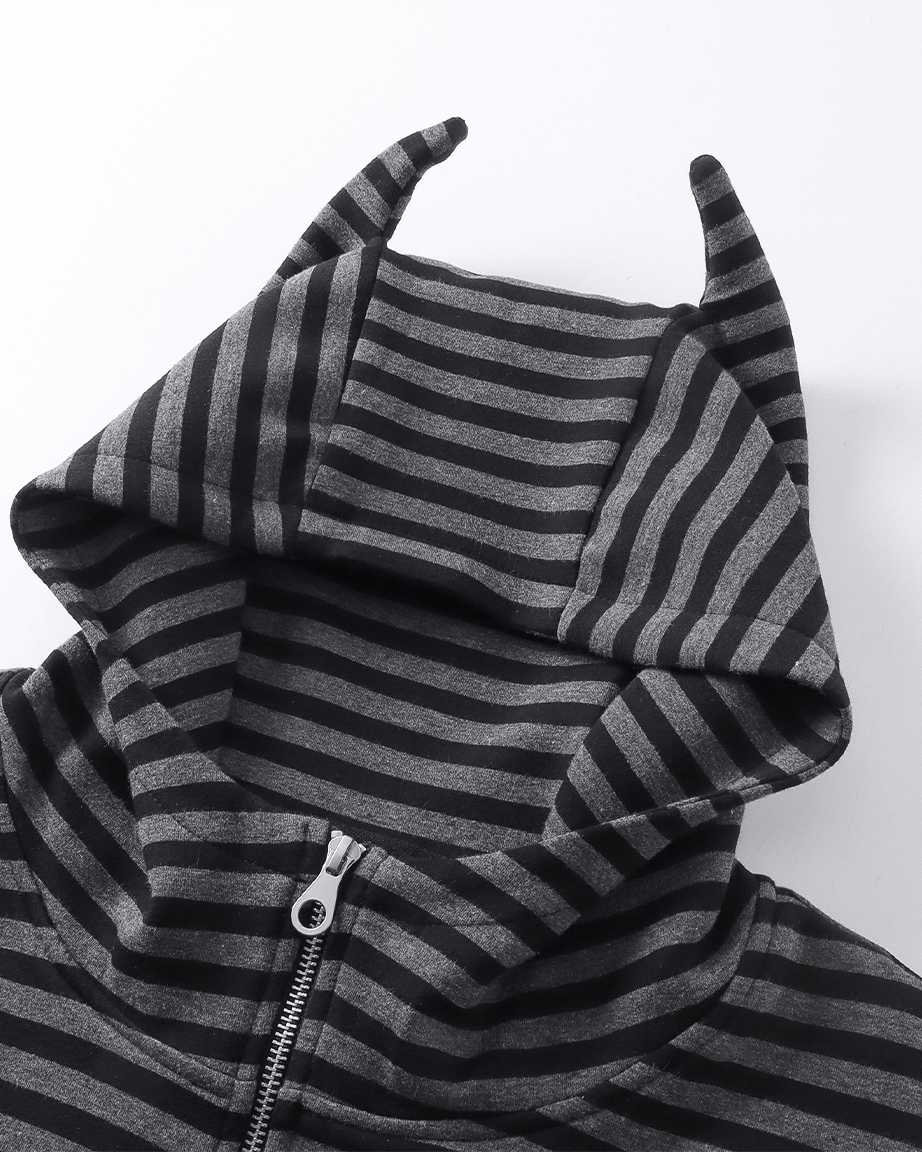Devil-Horn Striped Hooded Jacket | KIIKIO