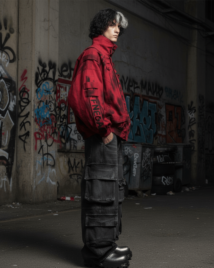 KIIKIO Graffiti Red Oversized Jacket – Streetwear Cotton Zip-Up